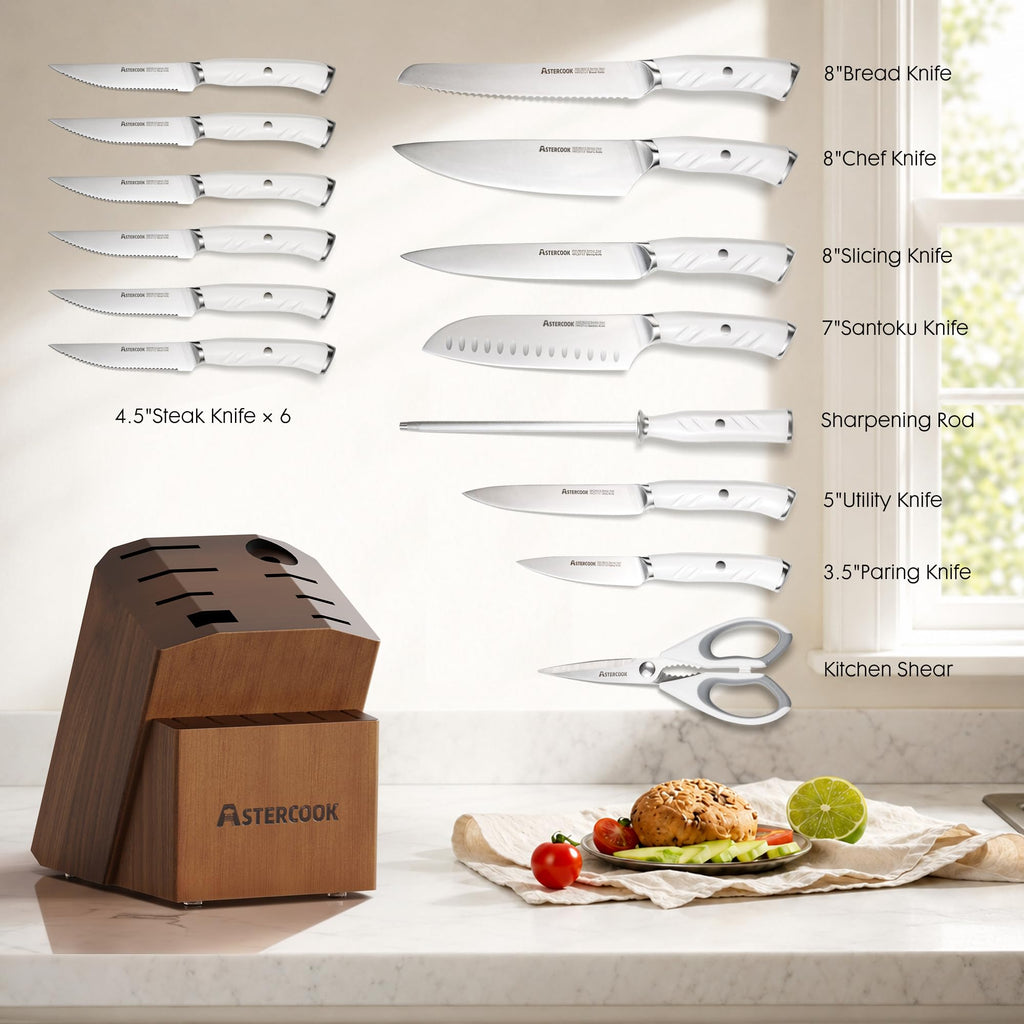 Knife Set, Astercook Kitchen Knife Set with Block, 15 Pcs Luxurious High Carbon German Stainless Steel Knives Set with Full Tang Ergonomic Handle, Dishwasher Safe Knife Set with Sharpening Rod, White