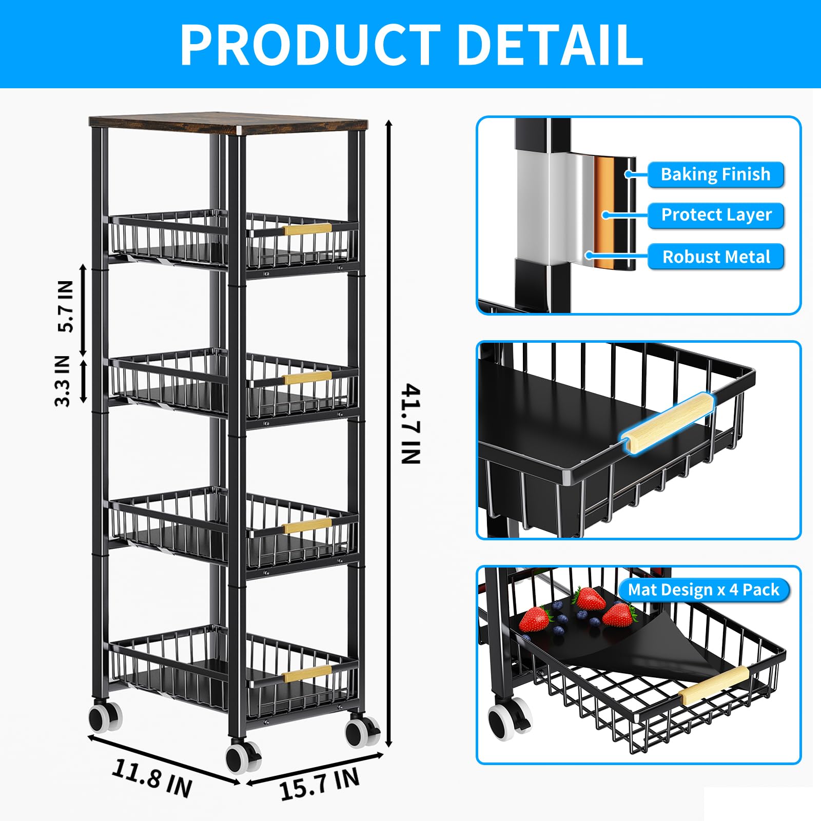 Fruit Vegetable Storage Basket for Kitchen, 5 Tier Large Pull-Out Metal Wire Baskets with 4 Pack Mats Bottom, Wood Top and Wheels, Vegetable Produce Bins Stand Cart Rack for Onions and Potatoes