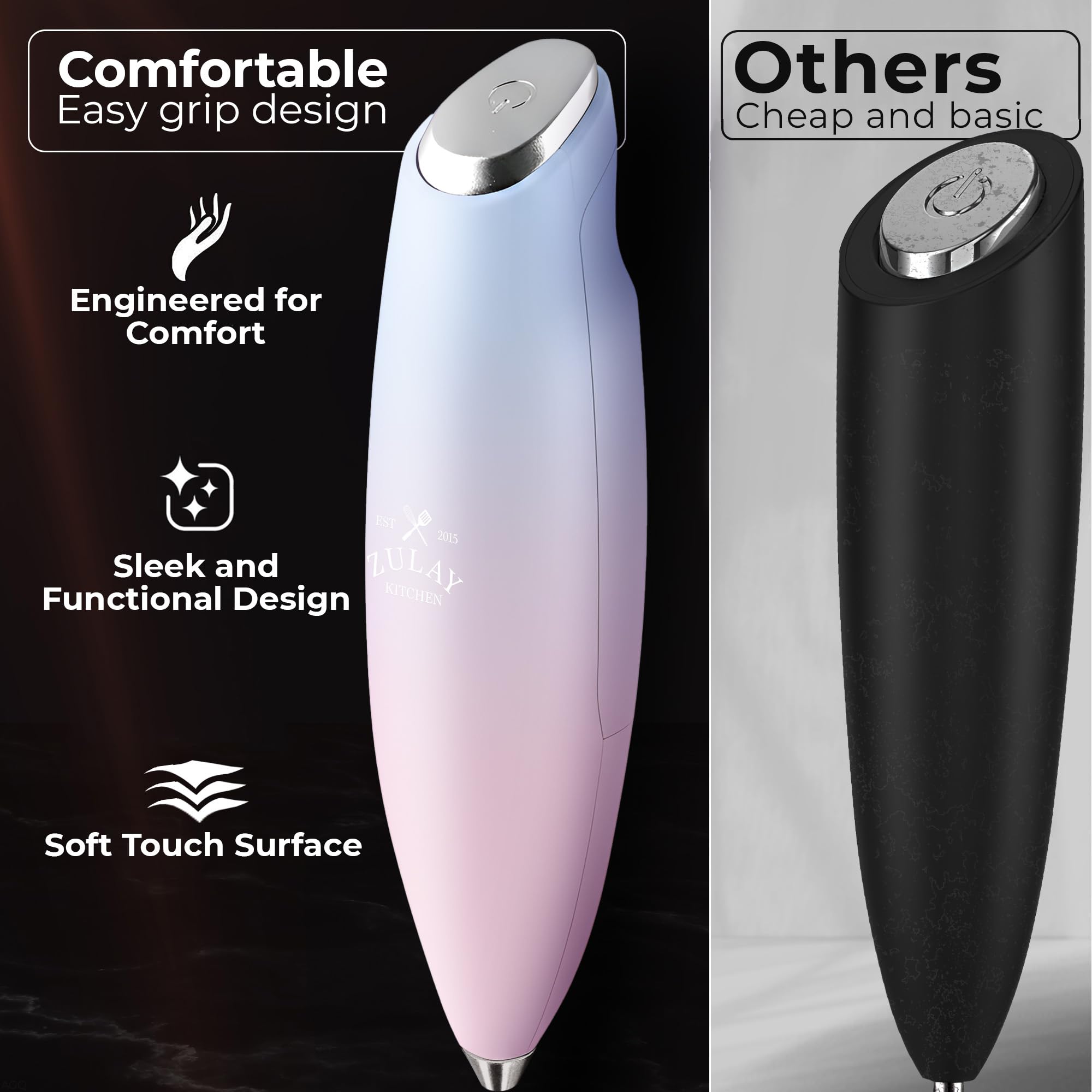 Zulay Kitchen Powerful Milk Frother Wand With Duracell Batteries - Ultra Fast Handheld Drink Mixer - Electric Whisk Foam Maker for Coffee, Lattes, Cappuccino & Matcha - Triple Whisk - Orchid Bloom