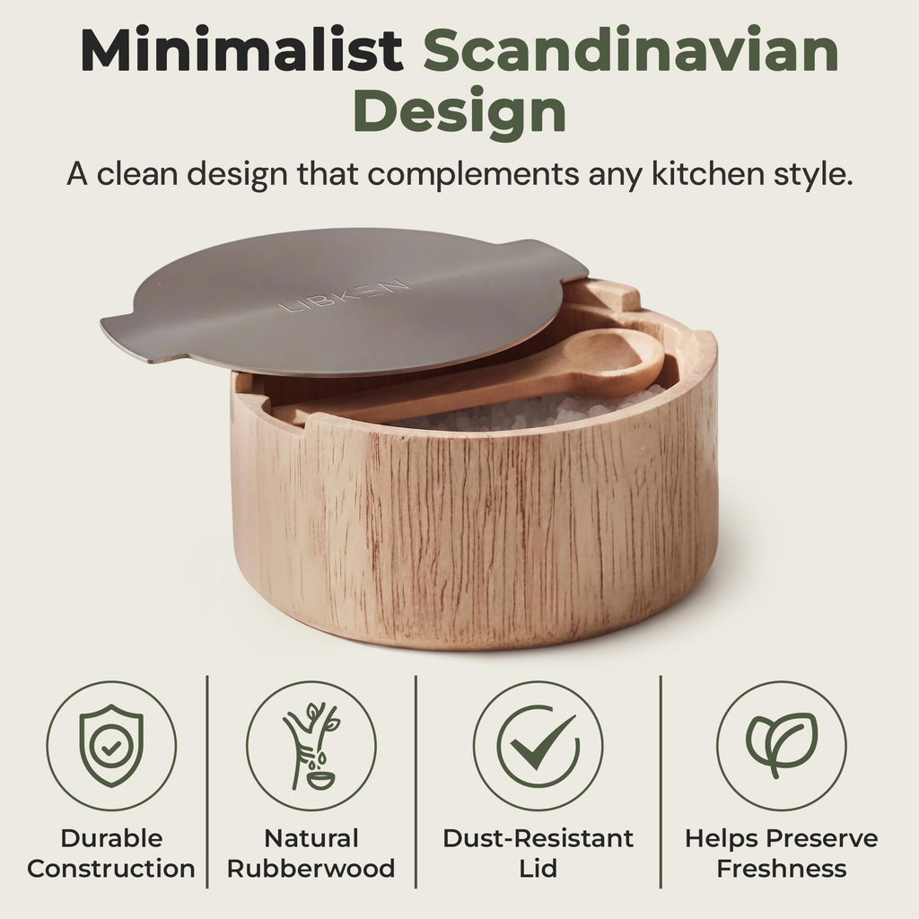 Wooden Salt Cellar with Stainless Steel Lid - 6 Oz Flaky Salt Container