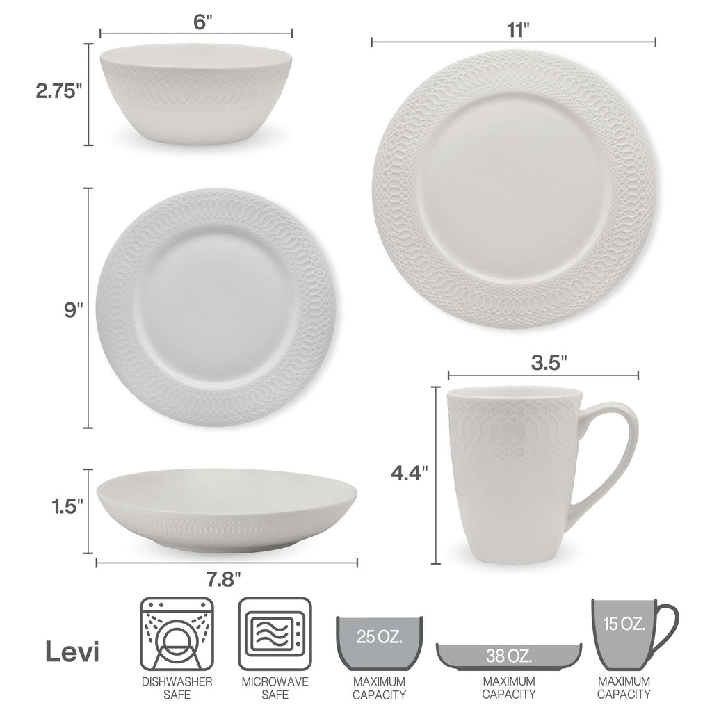 Mikasa Levi 40 Piece Bone China Dinnerware Set, Embossed Plates Bowls, Chip-Resistant, Lightweight, Elegant and Durable, Service for 8, White