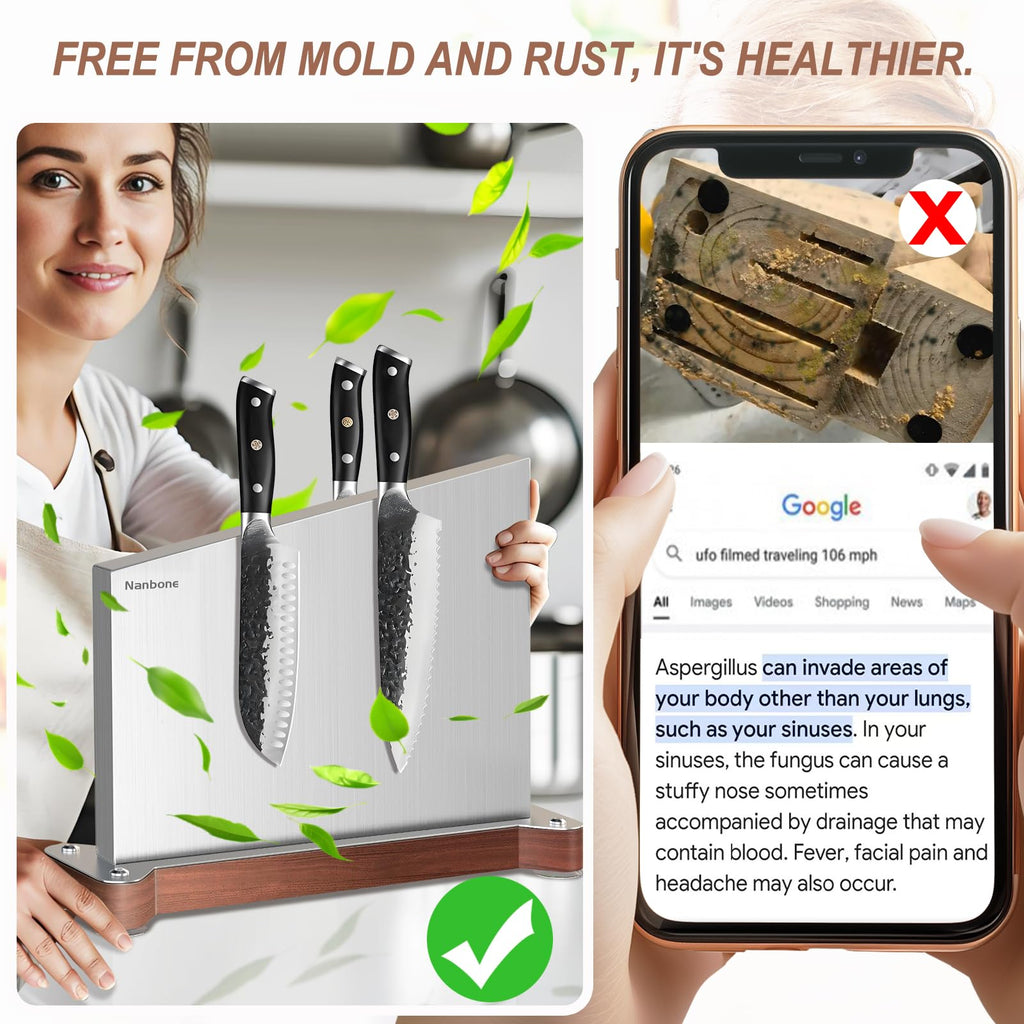 Nanbone Magnetic Knife Block Without Knives Large Double Side Magnetic Knife Holder Stand with Strong Magnet, Stainless Steel Knife Storage Organizer for Kitchen Counter Knife Rack Three Magnet Strip