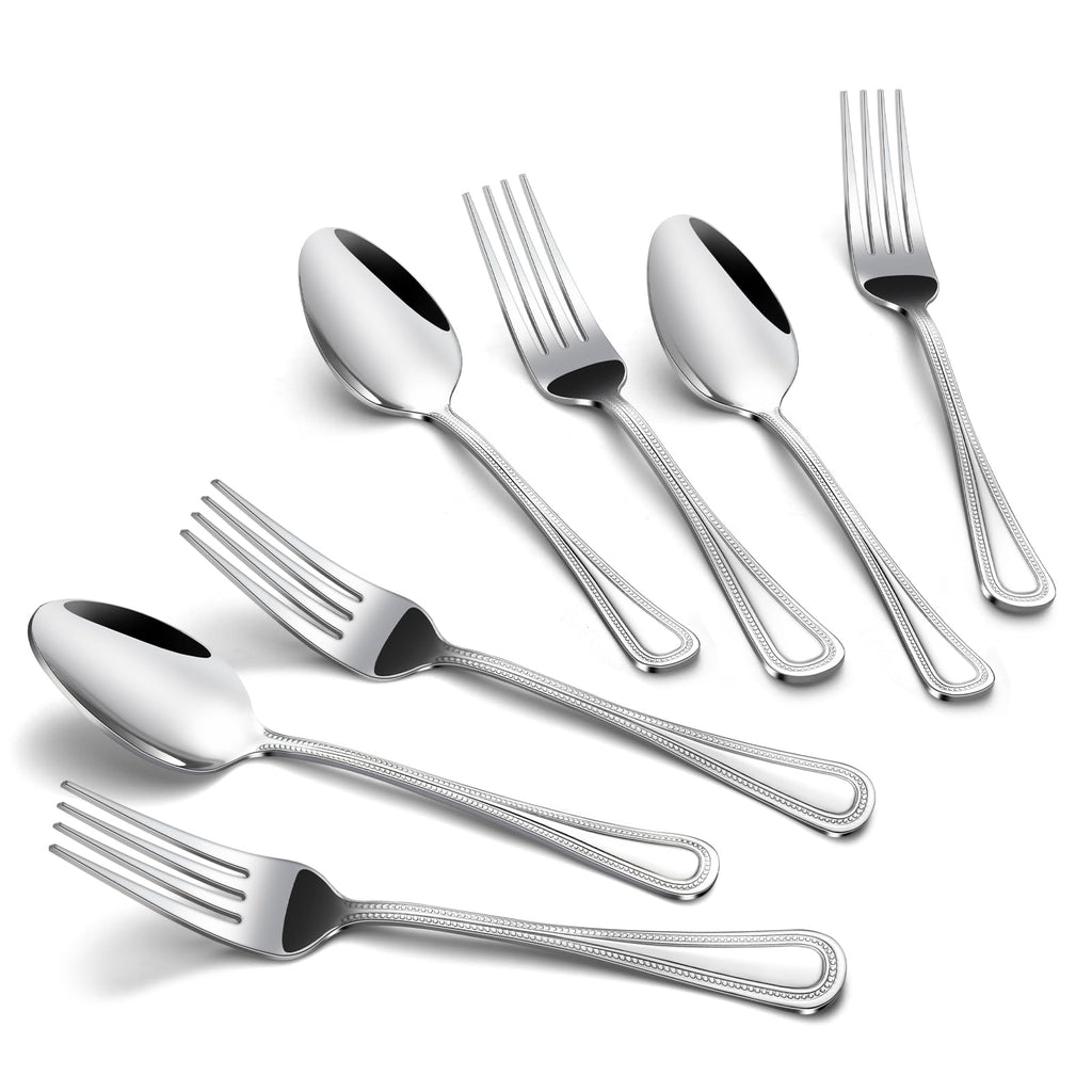 Gymdin 24 PCS Spoons and Forks Set, Food Grade Stainless Steel with Pearl Dot Design Handle Silverware Set, Mirror Polished Dishwasher Safe, Silverware Forks and Spoons for Home or Restaurant