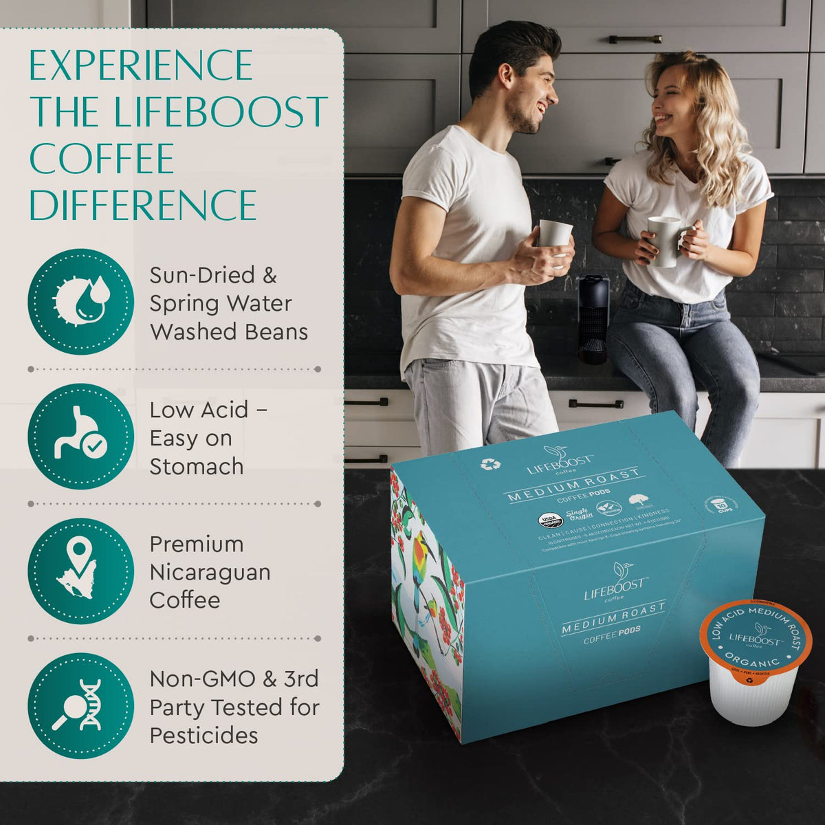 Lifeboost Cognition Decaf Mushroom Coffee K Cups, Low Acid, 10 Count