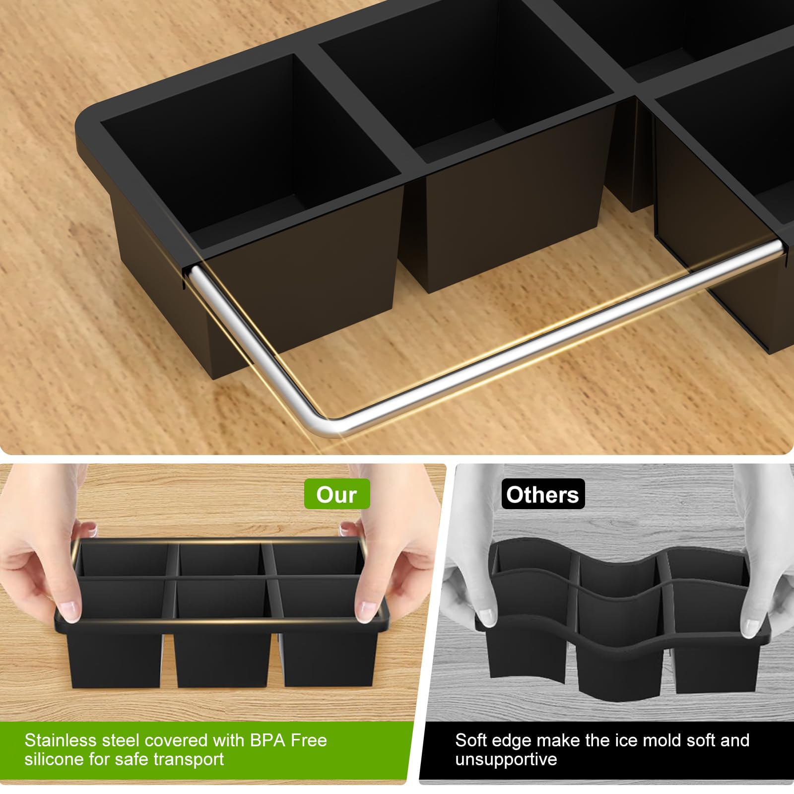 Samuelworld Large Ice Cube Tray with Lid and Bin: 2 Inch Silicone Old Fashioned Ice Cube Mold with Lid and Bin, Big Square Ice Cube Maker for Whiskey-3 Pack (With Ice Tong)