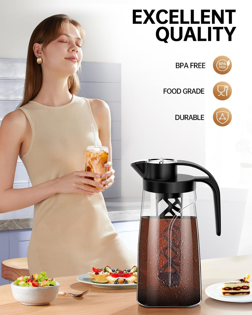 YURICK Cold Brew Coffee Maker, 70 oz (2100 ml) BPA Free Tritan Pitcher, Iced Coffee Maker and Tea Brewer, 100% Leak-Proof, Easy to Clean Reusable Mesh Filter, Black