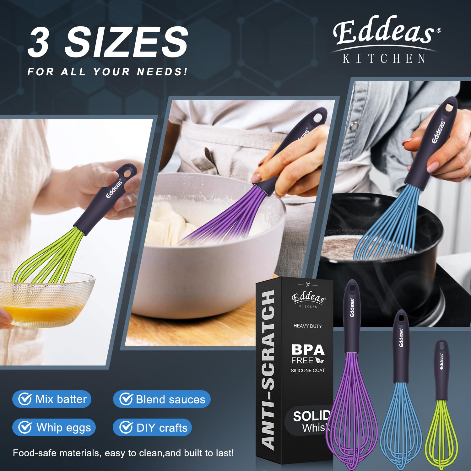 Eddeas Silicone Whisk, 500°F Heat Resistant Non Scratch Coated Whisks for Cooking Baking Balloon wisk, Kitchen Whisk Tool Set, for Stirring, Beating & Blending of 3 Size 7.5"+ 9" +11 inch