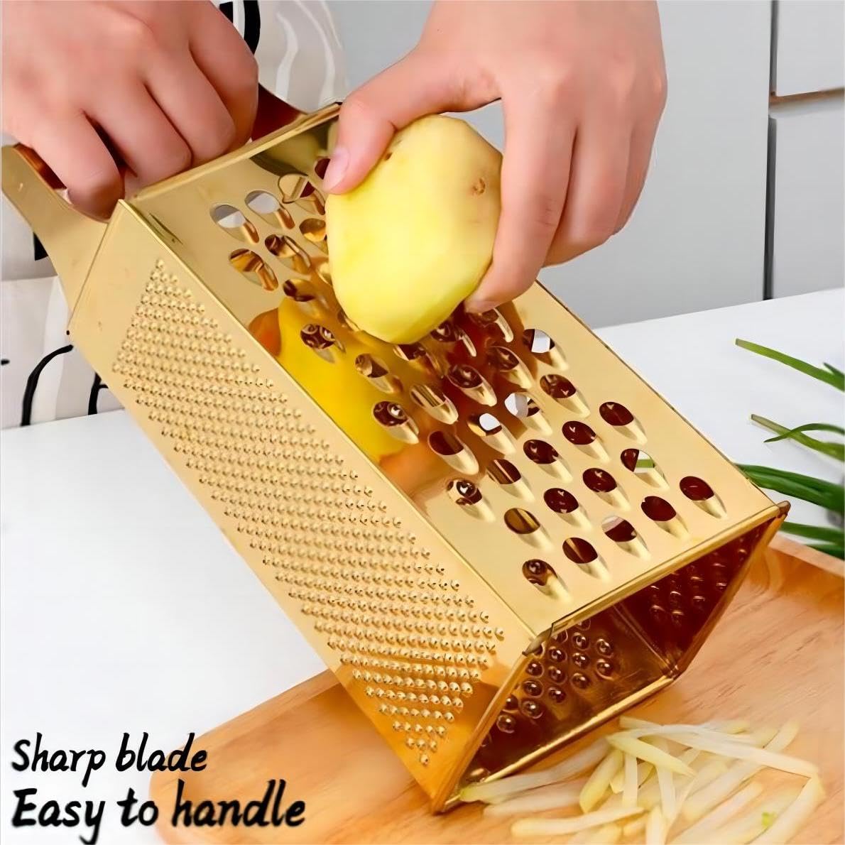 GUIYAL Stainless Steel 4 Sides Grater Slicer with Handle, Multifunctional Cutter Planing for Ginger, Garlic, Cucumbers, Carrots, Cheese, Potato, Ergonomic Design Kitchen Gadgets Accessories（Gold）