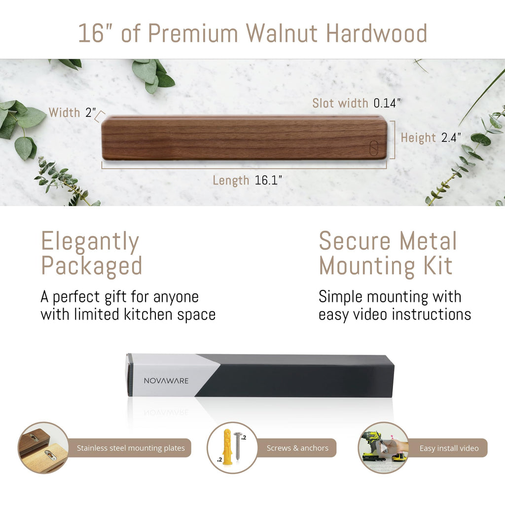 Walnut 16 inch Magnetic Knife Holder for Wall with 2x Storage & Charming Wood - Knife Magnetic Strip, Under Cabinet Magnet Knives Storage - Magnet Strip Rack Kitchen Utensil Holder Organizer Tool