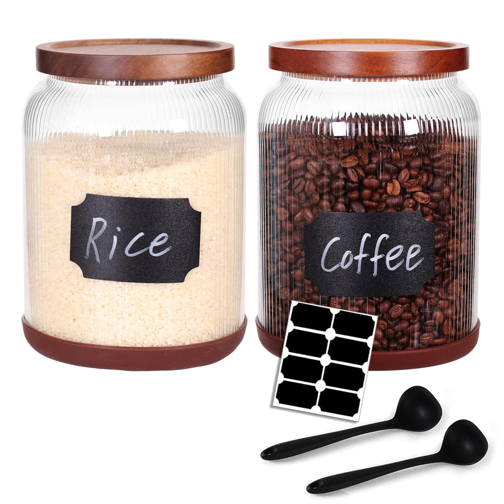 SAIOOL 2-Pack Striped Borosilicate Glass Airtight Canisters - Big mouth Large Capacity, Acacia Wood Lid, Food Storage Jars for Flour, Pasta, Pantry Organization (1200ml Gallon （Strew 2 pack）)