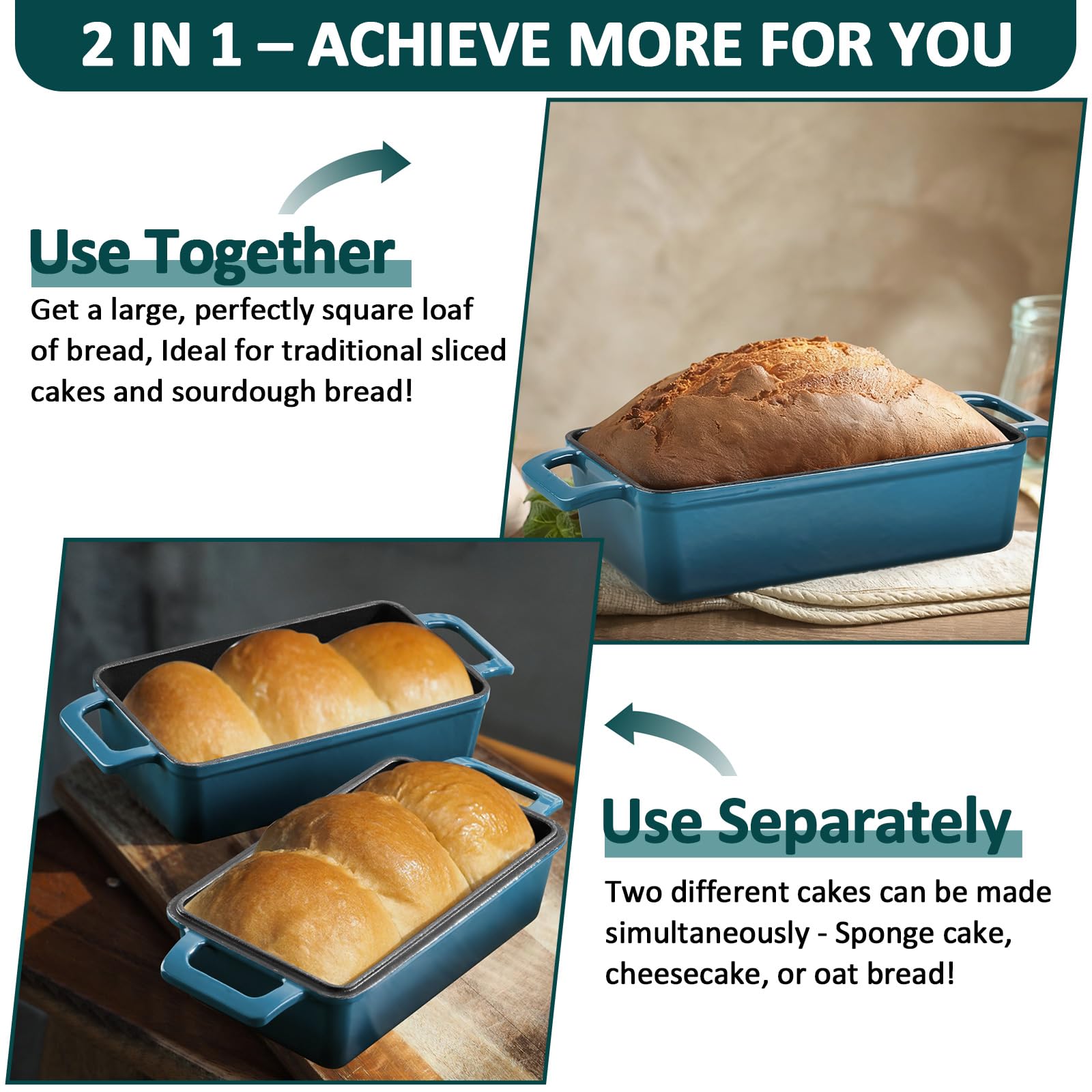 Leonyo Enamel Cast Iron Bread Pan, 9"x5" Loaf Pan with Lid, Blackish Green
