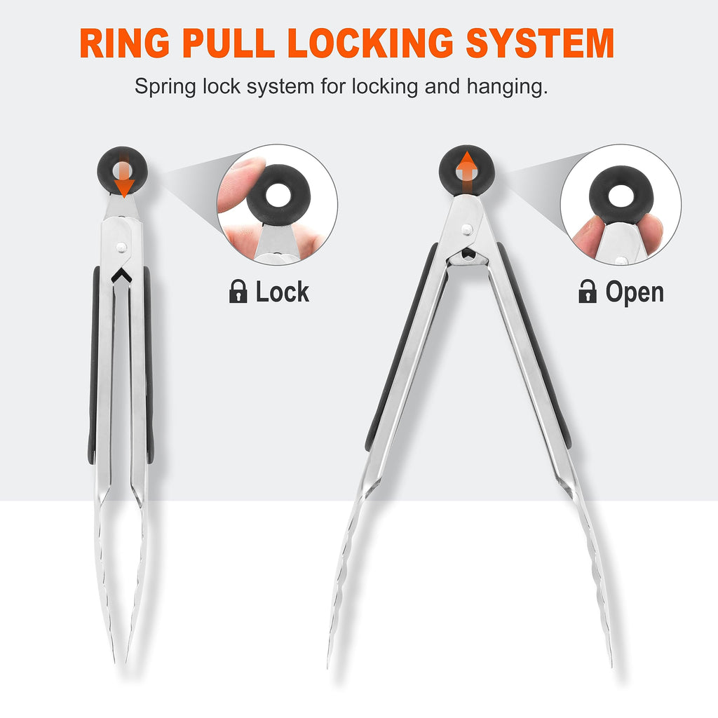 Anaeat Stainless Steel Locking Tong Set of 3 - Premium 7, 9 and 12 inch Kitchen Food Tongs with Non-Slip Silicone Tips and Grip for Serving, Cooking, Baking and BBQ - Heavy Duty & Heat Resistant