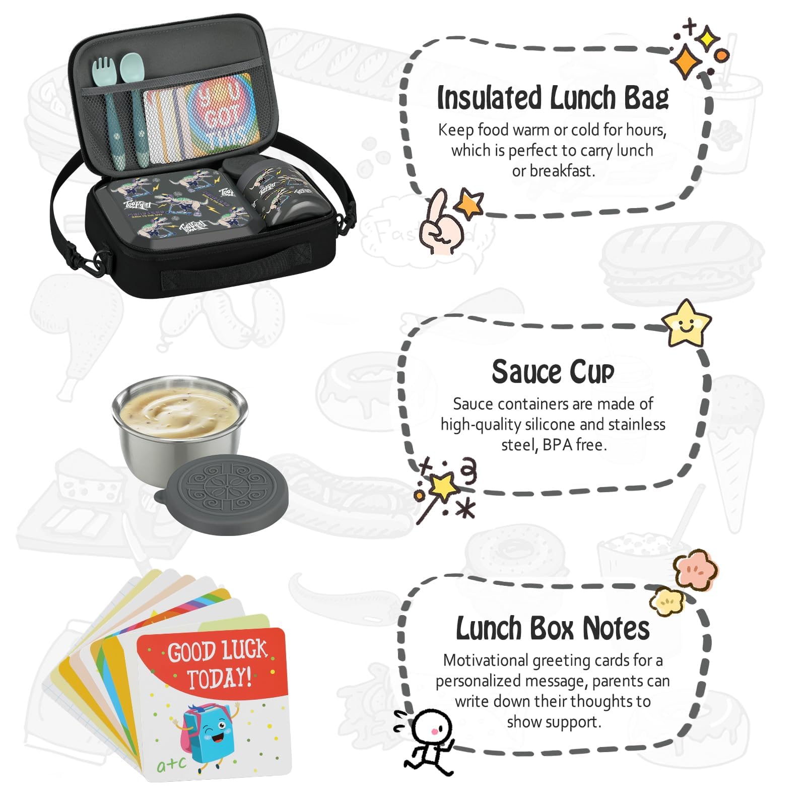 Itslife Bento Lunch Box Set for Kids with 12oz Soup Thermo&Lunch Bag, Leak-Proof Lunch Food Containers for Kids School, 5 Compartment, Sauce Cup, 10 Notes (Grey Dinosaurs)