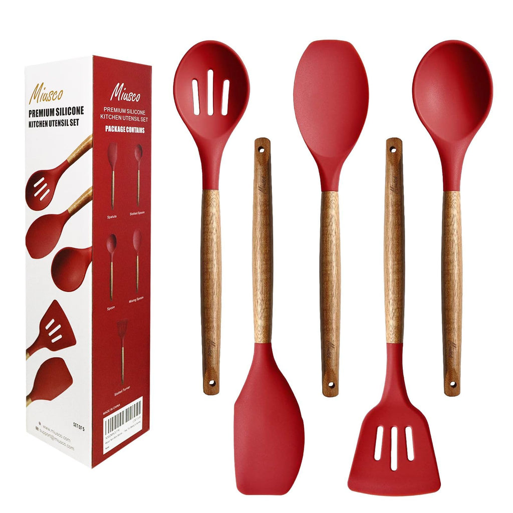Miusco Non-Stick Silicone Cooking Utensils Set with Natural Acacia Hard Wood Handle, 5 Piece, High Heat Resistant (Green)