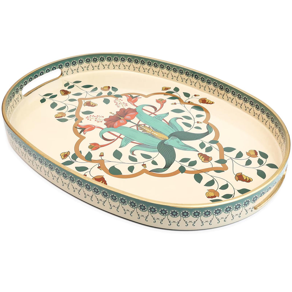 Omuriko Oval Plastic Serving Tray with Handles, Elegant Decorative Tray for Coffee Table, Ottoman, Living Room, Kitchen, Outdoor Use. 10"*16"*1.4" C