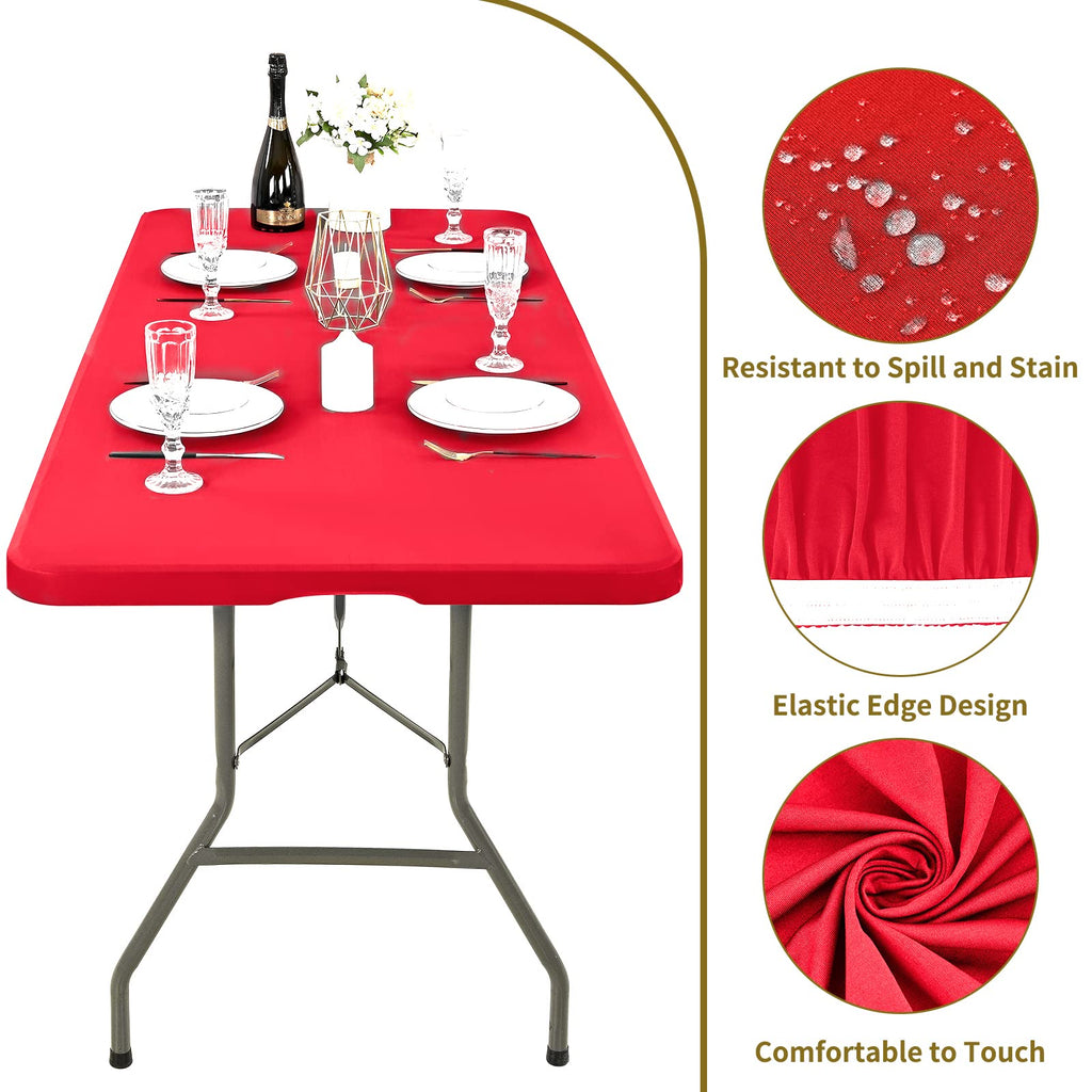 REWOMC 10 Pack Stretch Fabric Table Top Cap Cover, fits 8' Tables, Spandex Table Covers Washable Elastic Rectangle Tablecloth Protector for Indoor Outdoor Party Picnic Wedding, Red, 30" W x 96" L