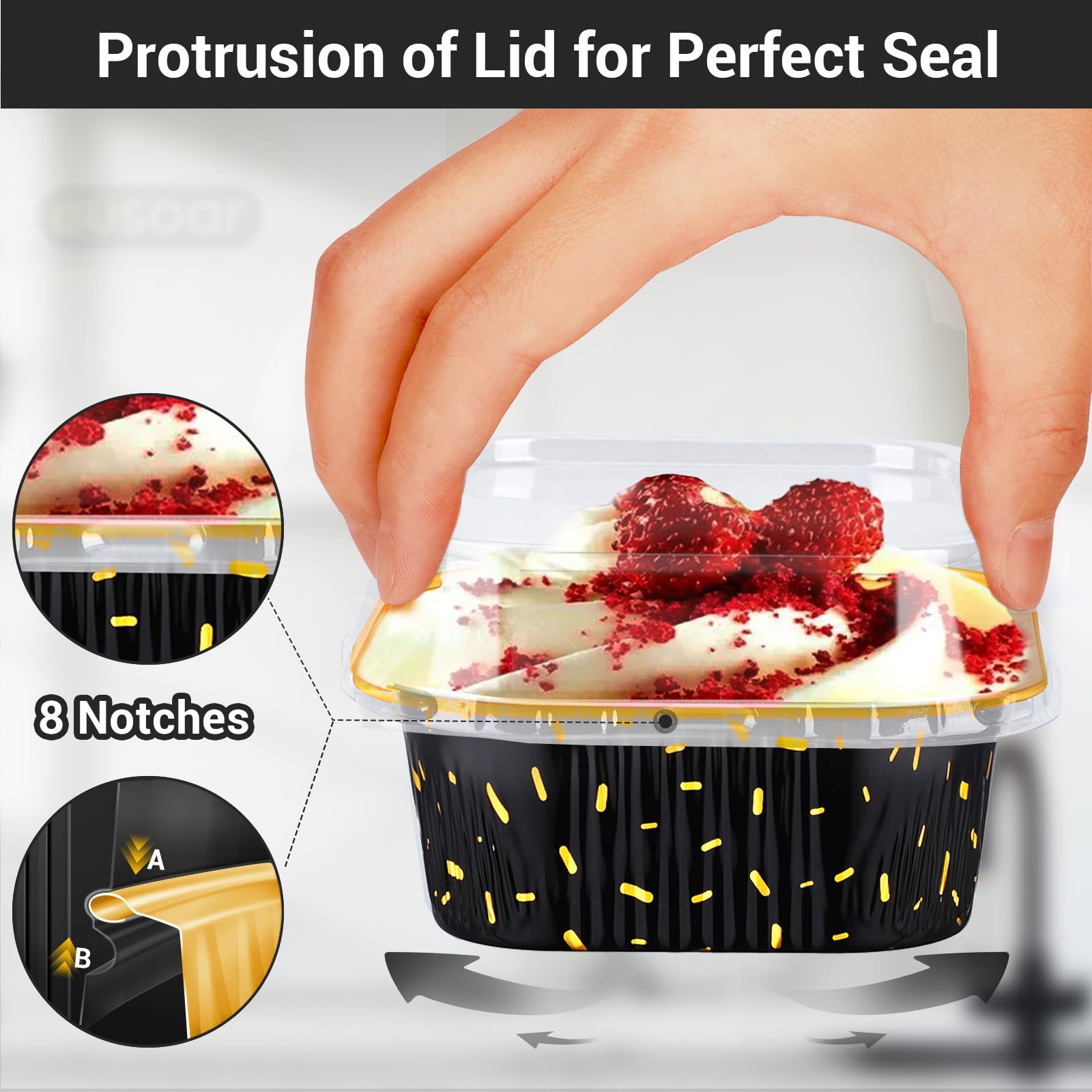 EUSOAR Baking Pans with Lids, 100pcs 10oz/300ml Aluminum Foil Ramekins Disposable Containers, Square Creme Brulee Cups Cupcake Liners Muffin Cup Mini Cake Loaf Bread Holders for Birthday Wedding