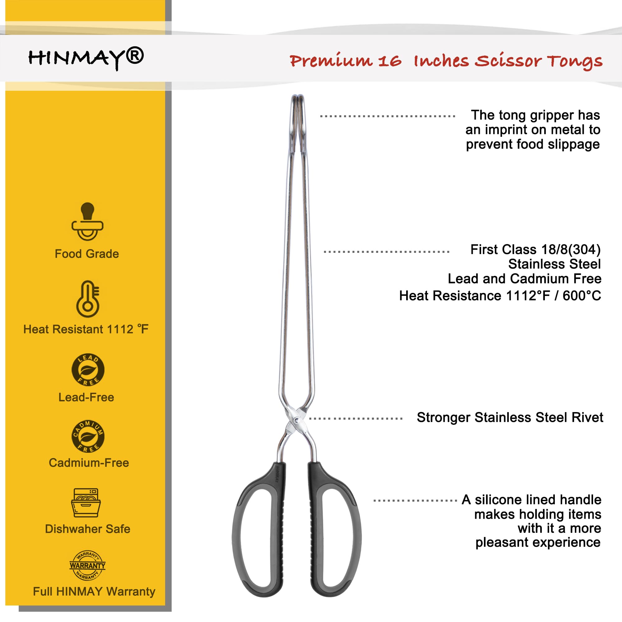 HINMAY Scissor Tongs 16" Extra Long Stainless Steel Barbecue Grilling Tongs