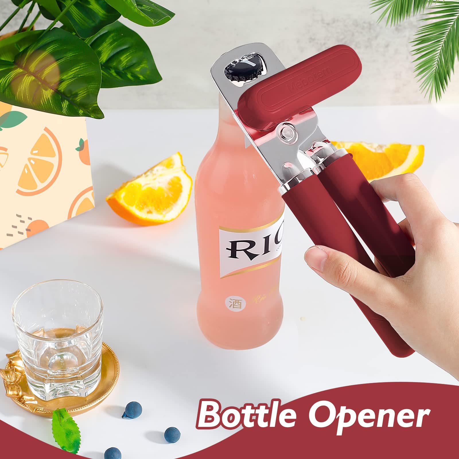 Mebotem 10 Colors Can Opener Manual Handheld Heavy Duty Hand Can Opener Smooth Edge Stainless Steel Can Openers Top Lid Kitchen Gadgets, Best Large Rated Easy Turn Knob, with Bottle Opener, Burgundy