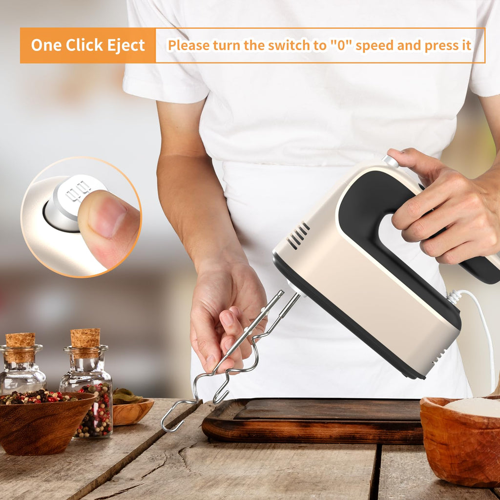 Yomelo 9-Speed Digital Hand Mixer Electric, 400W Powerful DC Motor, Hand Mixer Electric Handheld with Snap-On Storage Case, 5 Stainless Steel Accessories, Beaters, Dough Hooks, Whisk(Champagne Gold)