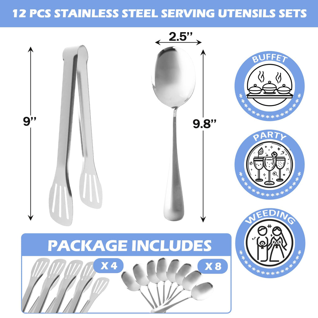 12PCS Stainless Steel Serving Utensils Sets,8 Large Serving Spoons,4 Serving Tongs,Silver Serving Utensills Sets for Buffet Catering Banquet Party (Silver)