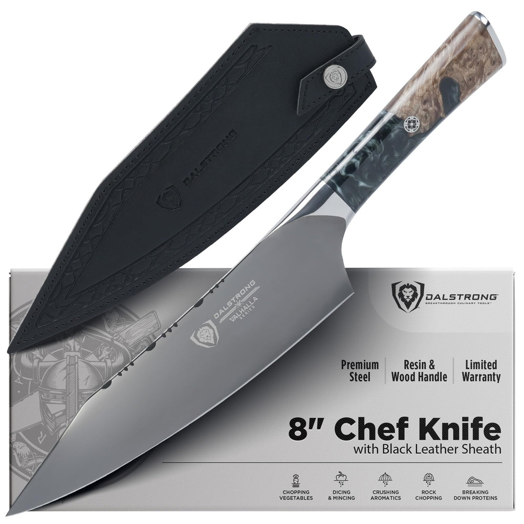 Dalstrong Chef Knife - 8 inch - Valhalla Series - Premium 9CR18MOV HC Steel - Celestial Resin & Wood Handle - Razor Sharp - Kitchen Cooking Chef's Knife - Leather Sheath