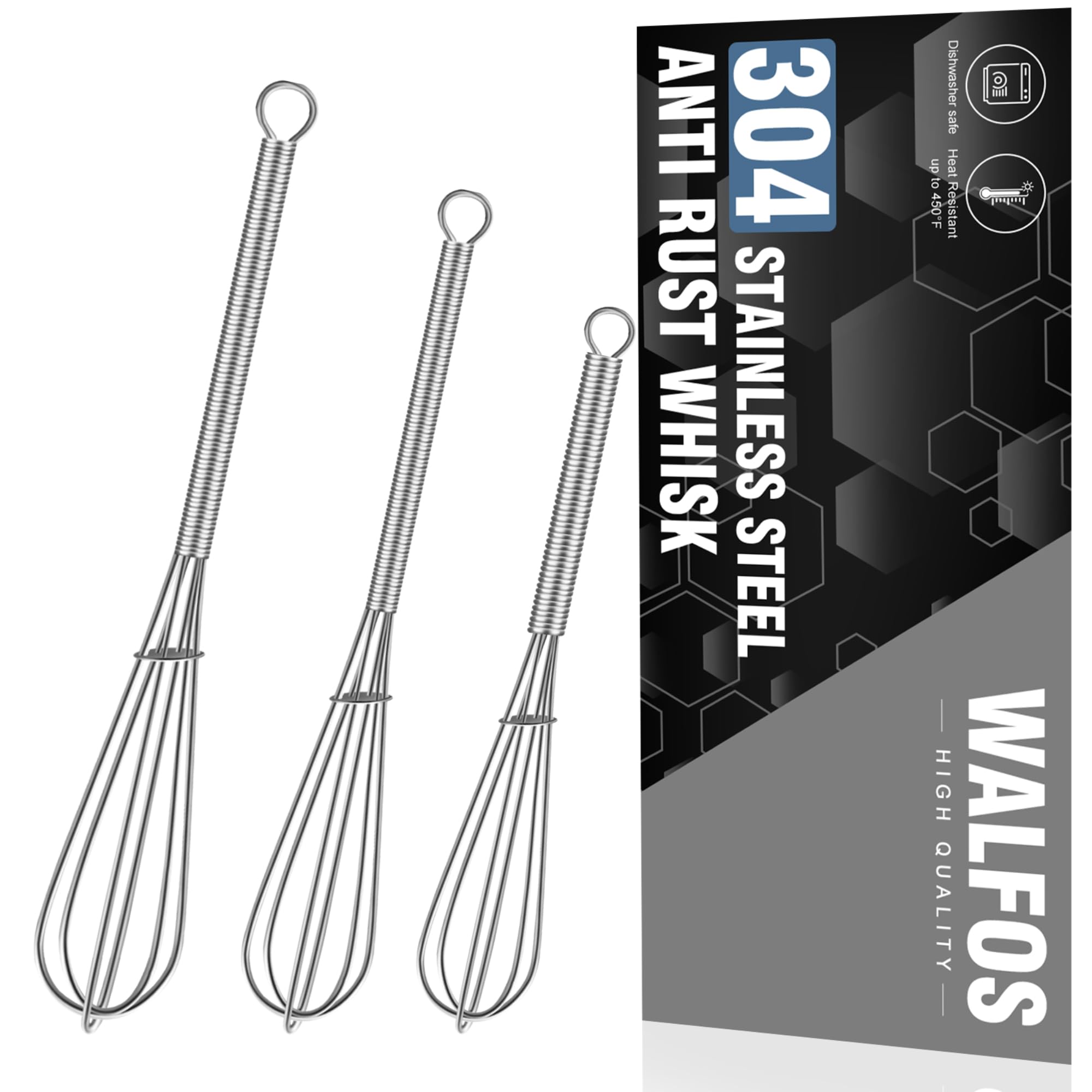 Walfos Mini Whisk,304 Anti-Rust Small whisk,Sturdy Stainless Steel Wire Tiny Whisks 6+7+8in,Ideal for mixing individual eggs, jams, spices and other small portion ingredients.(3pcs）