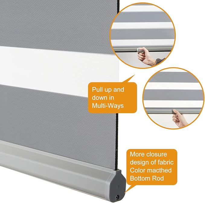 Persilux Zebra Blinds Cordless Blinds for Windows (55" W x 72" H, Grey) Dual Layer Zebra Shades, Light Control for Day and Night, for Home, Office, Bedroom, Living Room…