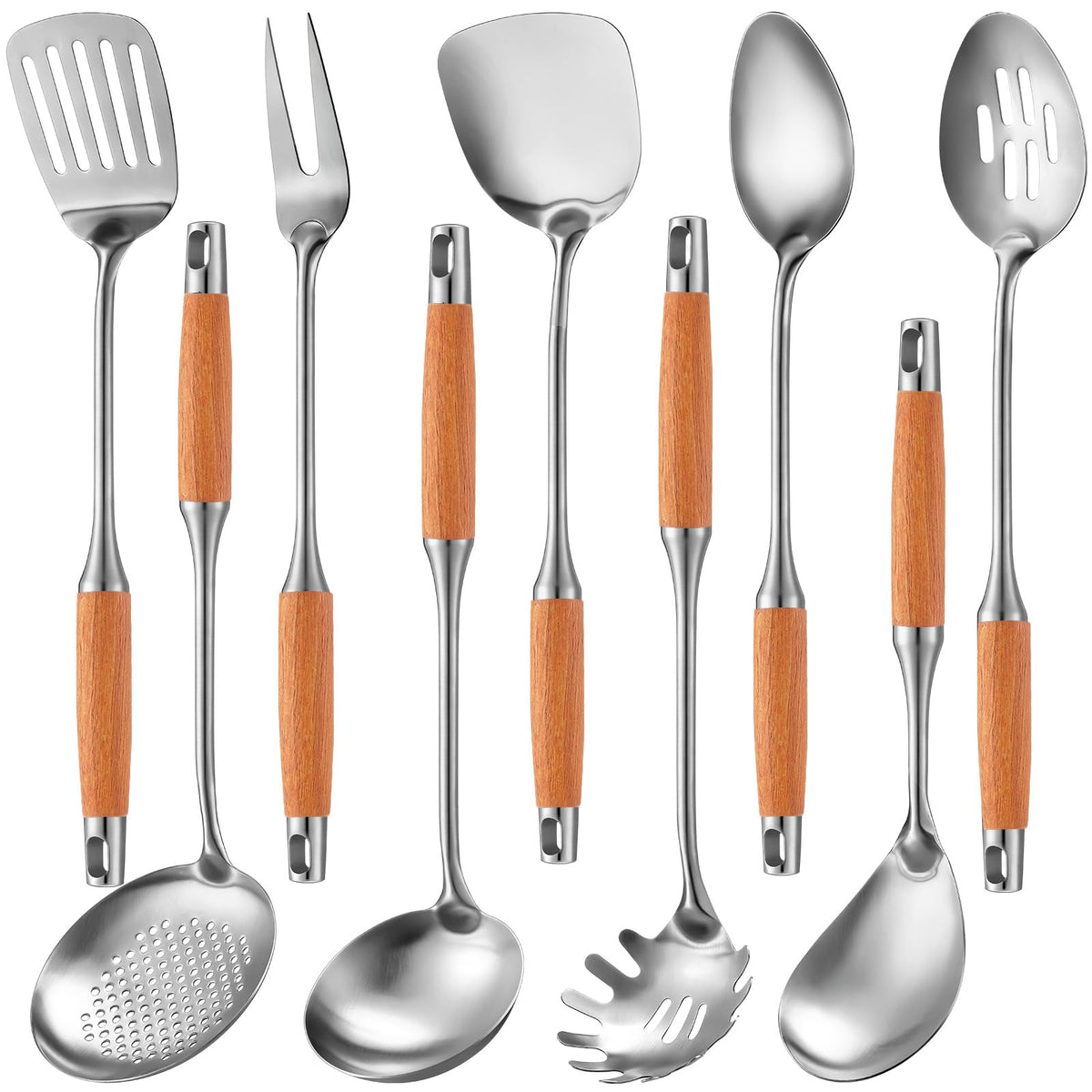 Teenyyou 9 Pcs 304 Stainless Steel Utensils Set with Wood Handle Metal Cooking Tool Spatula, Solid Spoon, Slotted Spoon, Fork, Ladle, Skimmer, Slotted Spatula Spaghetti(Silver,Stainless Steel)
