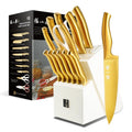ZHANG XIAO QUAN Gold Knife Set with White Block, High Carbon Stainless Steel Sharp Blades, Built-in Sharpener Kitchen Knife Block Set for Home Cooking