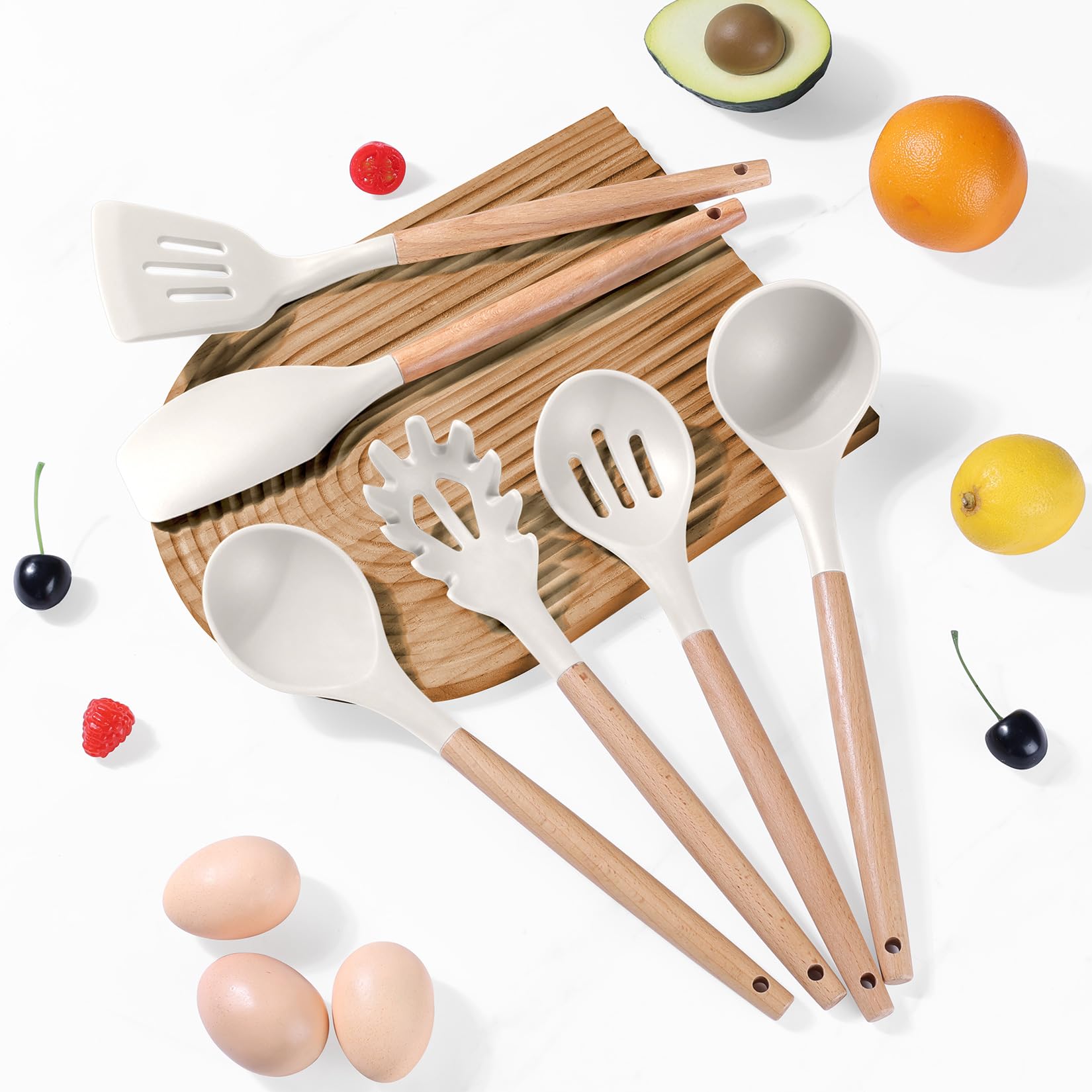P&P CHEF 6 PCS Kitchen Utensils with Wooden Handle, Khaki