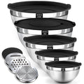 BEWOS Mixing Bowls with Lids Set - 5 Pcs Stainless Steel Mixing Bowls With 3 Grater Attachments, Size 4.5, 4, 3.5, 2.1, 1.5QT Metal Bowls for Baking and Serving (Black)