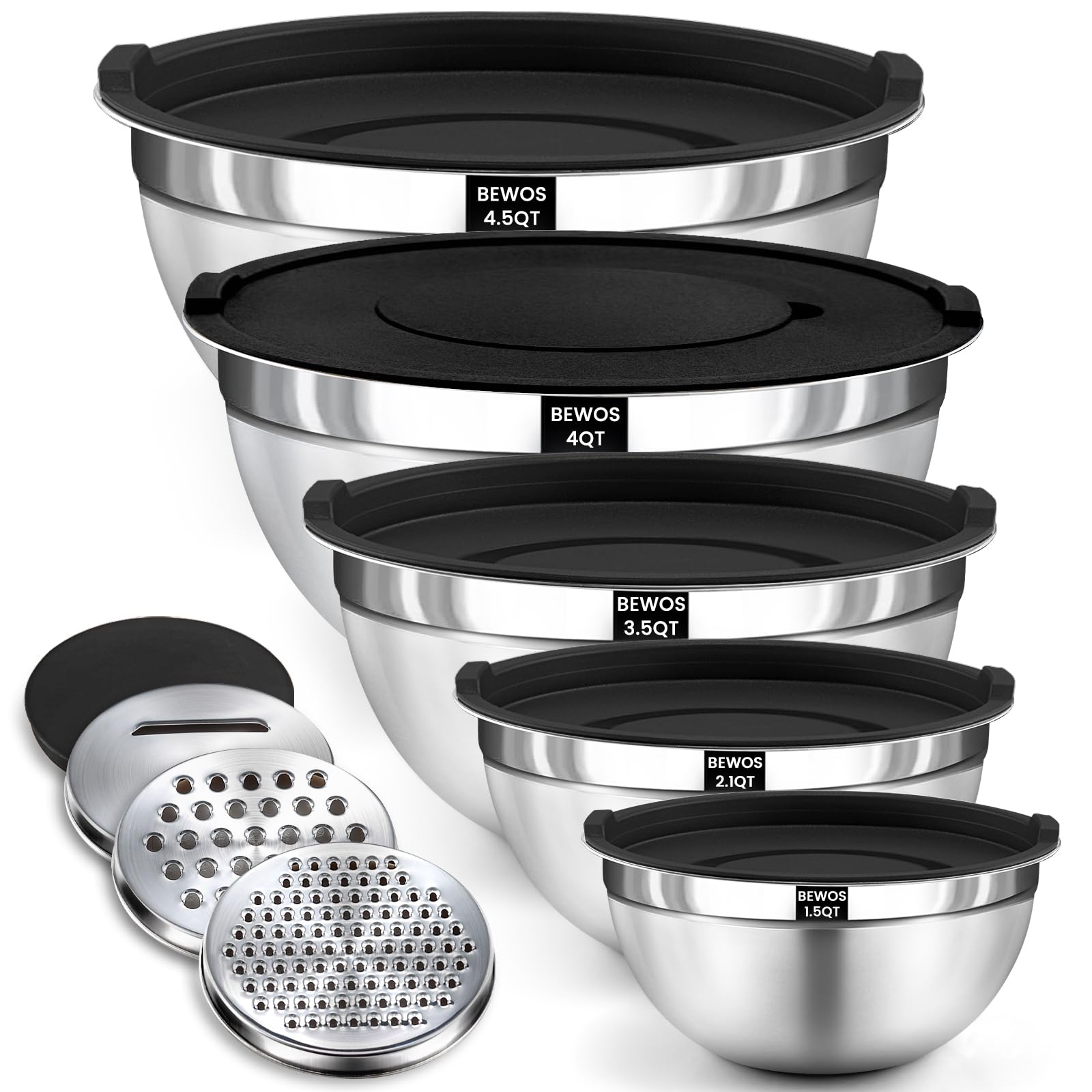 BEWOS Mixing Bowls with Lids Set - 5 Pcs Stainless Steel Mixing Bowls With 3 Grater Attachments, Size 4.5, 4, 3.5, 2.1, 1.5QT Metal Bowls for Baking and Serving (Black)