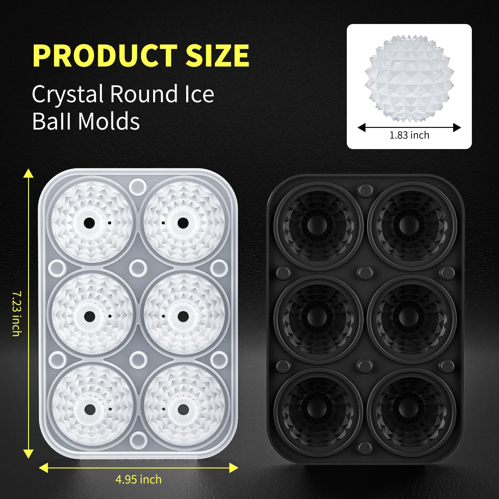 6 Chamber 1.83” 3D Crystal Round Ball Ice Cube Tray With Funnel,Large Circle Ice Molds Silicone Fun Shapes Whiskey Sphere Ice Tray,For Chilling Whiskey,Cocktails,Bourbon,Brandy and Beverages