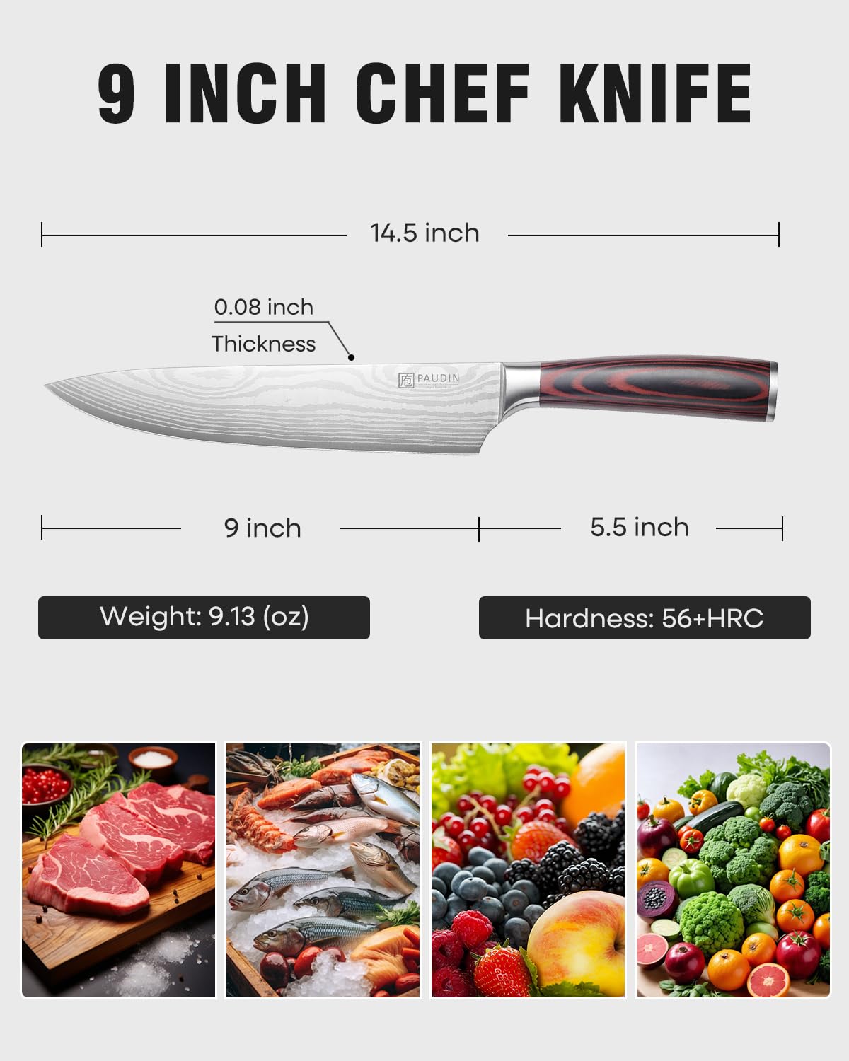 PAUDIN Chef Knife,9 Inch Kitchen Knife for Meat & Vegetables