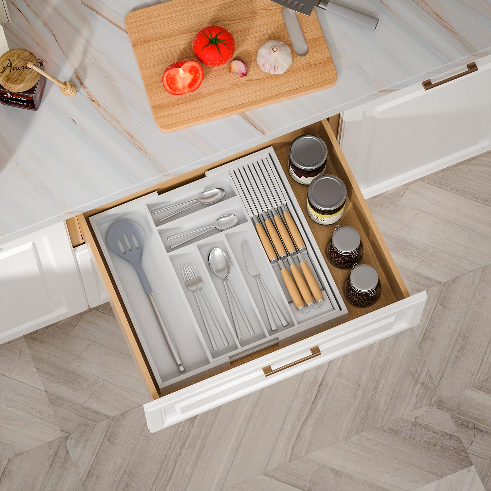 TIOPGHAD Expandable Bamboo Silverware Drawer Organizer Kitchen Tray, White