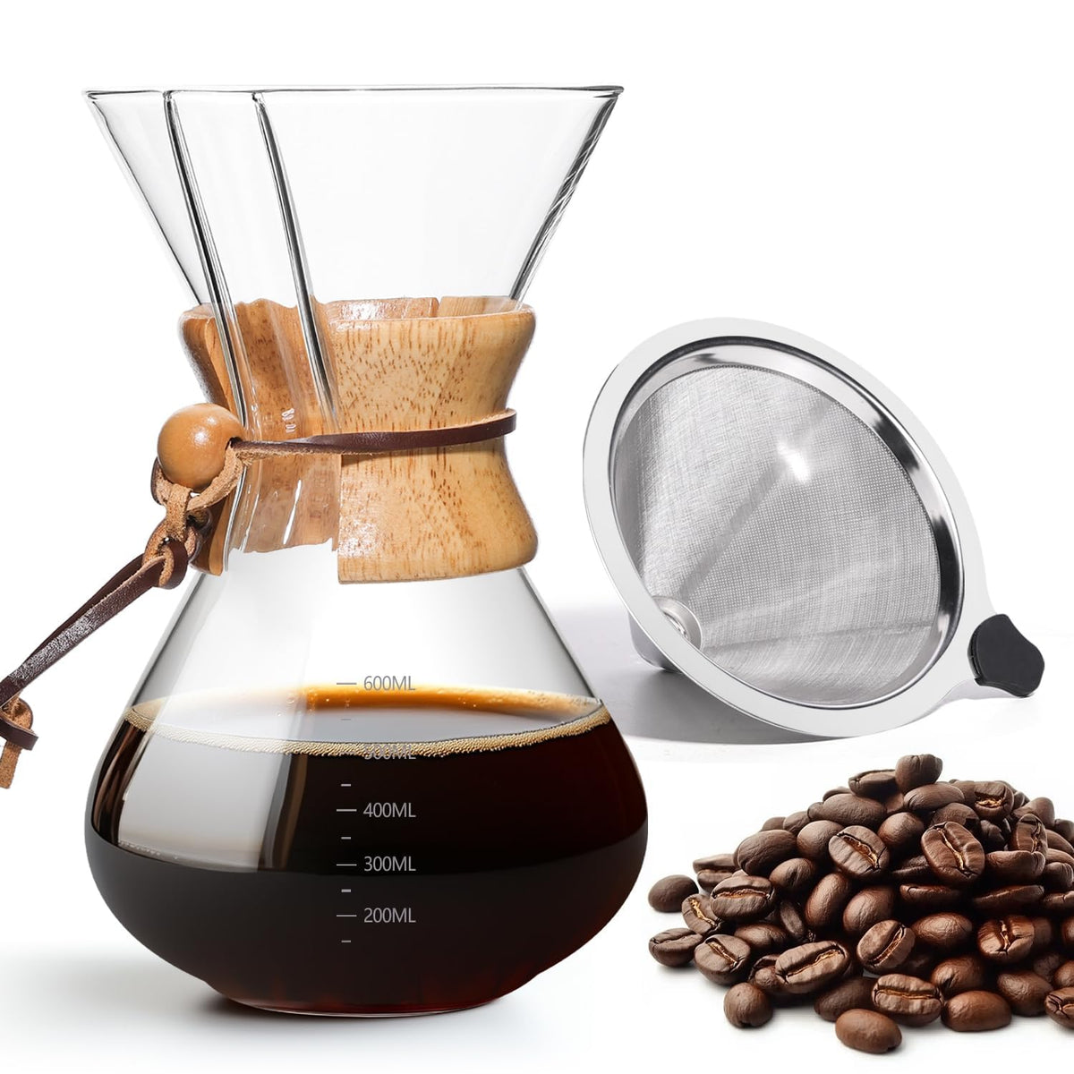 Yopinmall Pour Over Coffee Maker 20 OZ, 6 Cup Borosilicate Glass Drip Coffee Maker with Reusable Stainless Steel Filter and Cork Grip for Home Café 600 ML