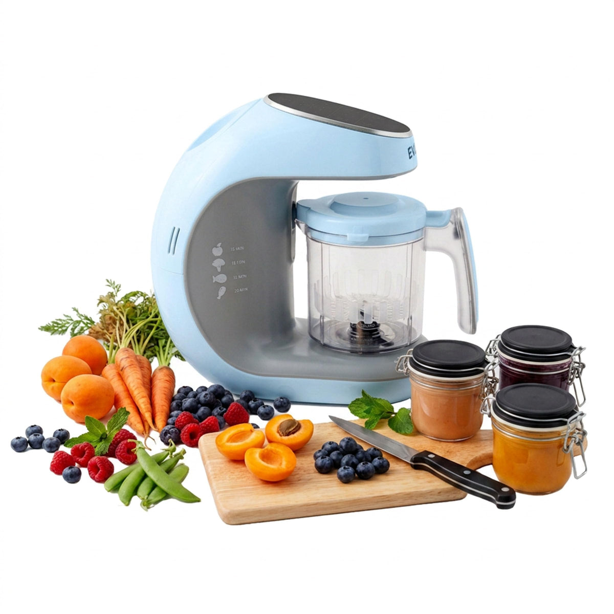 EVLA'S Baby Food Maker, Steamer, Blender, Baby Food Processor for Healthy Homemade Baby Food in Minutes, Touch Screen with 6 Reusable Food Pouches, Baby Registry Essential, Blue