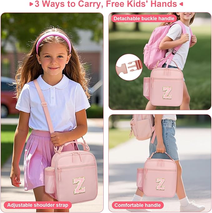 Initial Insulated Lunch Bag for Girls Kids, Back to School Gift, Reusable Leak-proof Lunch Box with Adjustable Strap for School Daycare Travel Picnic (Pink,Z)