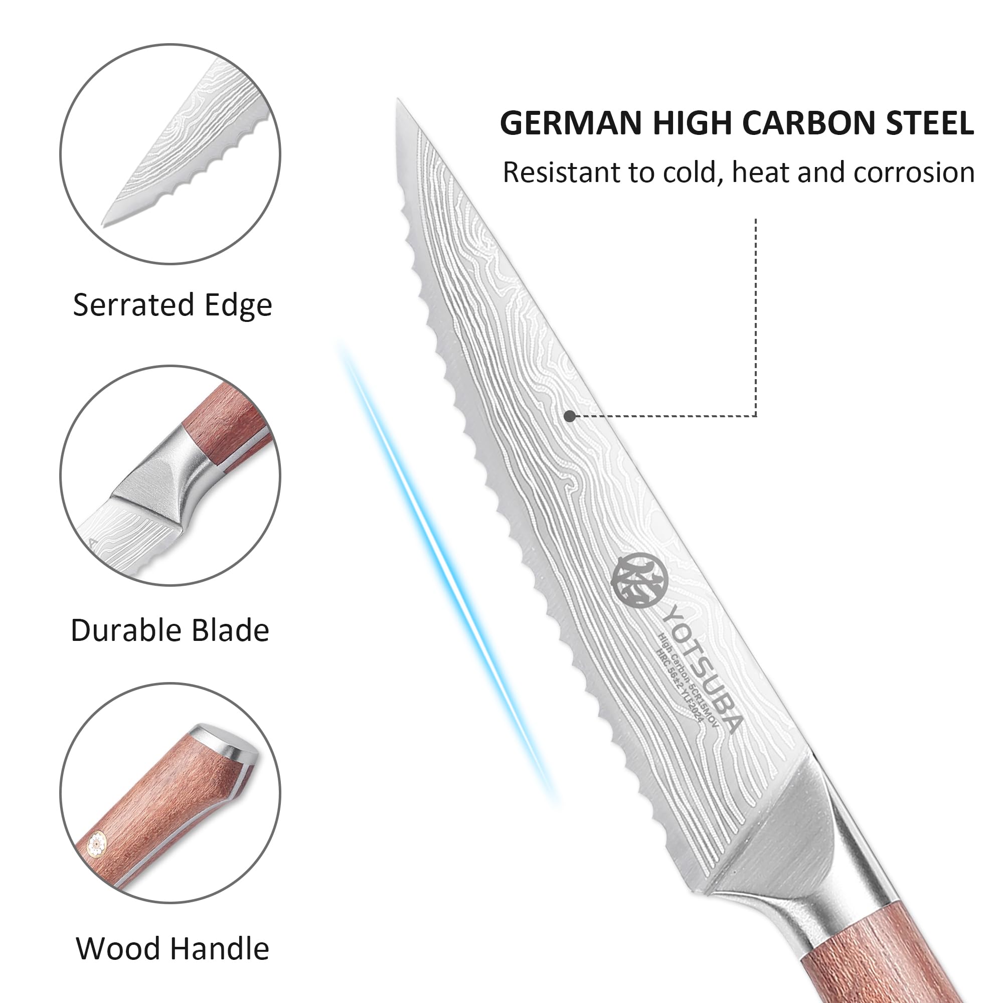 YOTSUBA Steak Knives Set of 6, Razor-Sharp 4.5 Inch Japanese Serrated Steak Knife Set, Full Tang Forged High Carbon Steel Dinner Knives with Ergonomic Handle and Gift Box