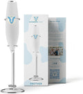 WonderCow Milk Frother Hand Mixer, Stainless Steel Electric Matcha Whisk, Handheld Mixer for Coffee, Greens, Protein & More, Battery Operated, Easy to Clean & Includes Whisk Stand (White)
