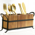 NelyBet Utensil Caddy Silverware Cutlery Holder with 3 Compartment, Wooden Utensil Crock Flatware Organizers with Metal Tray, Rustic Kitchen Utensil Organizers for Farmhouse Kitchen and Countertop