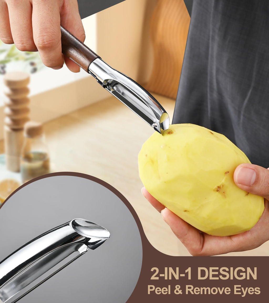 Ugotit Fruit Vegetable Peeler Set for Kitchen, Stainless Steel Potato Peelers Ultra Sharp Swivel Blade, Premium Real Wood Handle Leather Strap (Y&I Shaped)