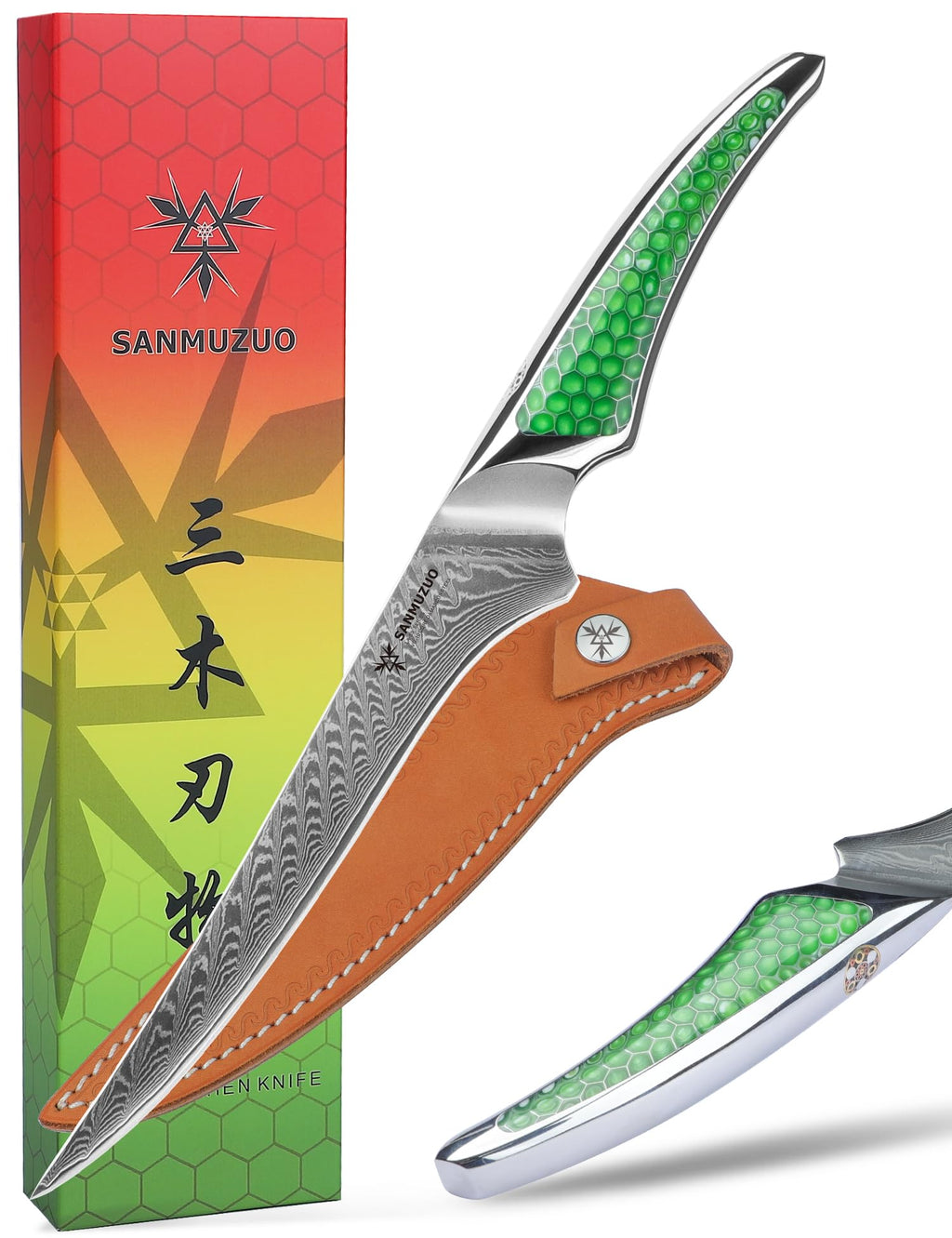 SANMUZUO 7 inch Nakiri Knife, Japanese VG-10 Damascus Steel Meat Cleaver, Ultra Sharp Vegetable Knife with Full-tang Handle in Green Resin, LA-S9 Series