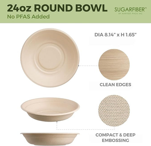 24oz Compostable Paper Bowls Disposable Round Natural Soup Bowls, 500 Count