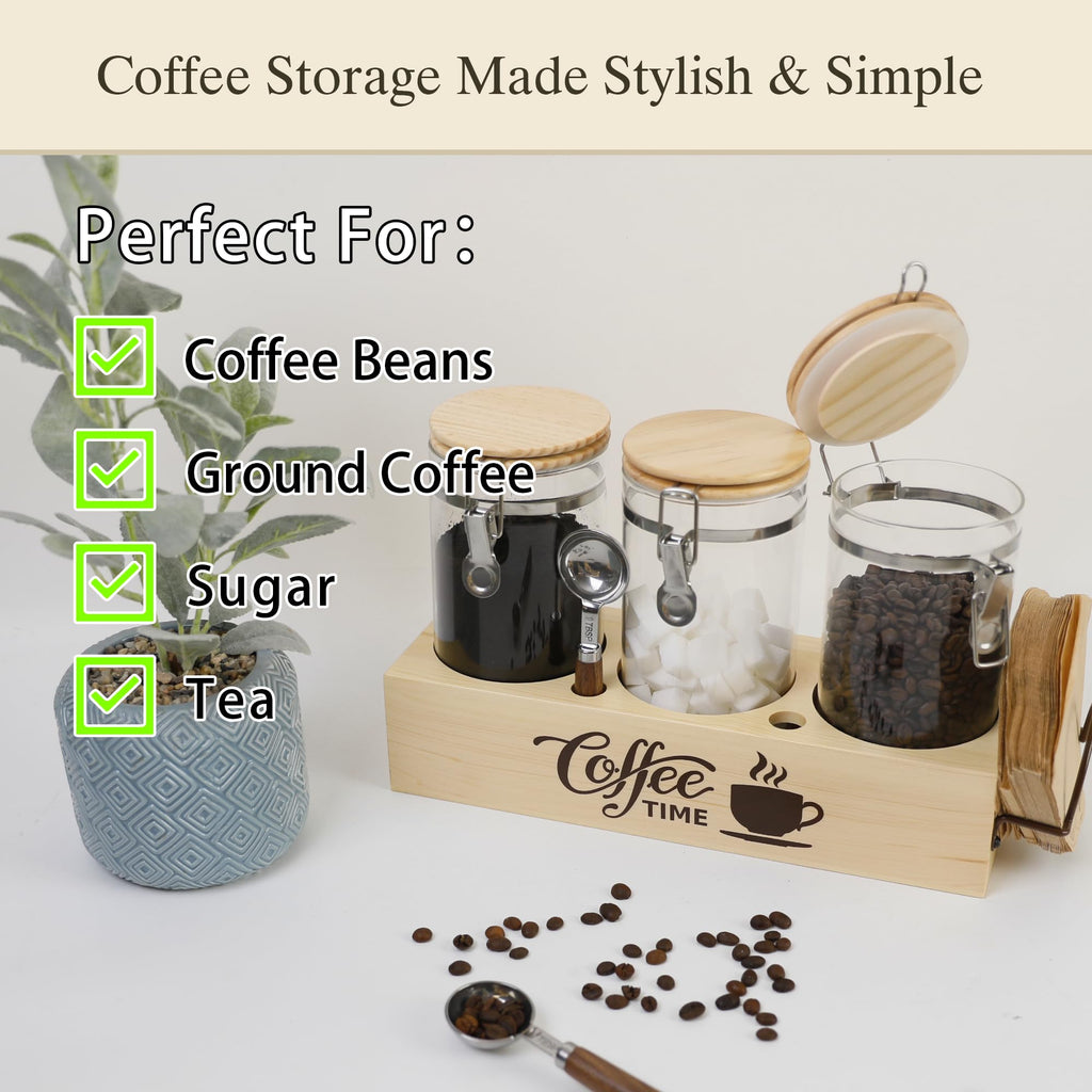 EQEY Glass Coffee Canister Set with Shelf & Spoons - 3 Piece Airtight Seal Coffee Bean Storage Containers & Filter Holder for Kitchen Organization