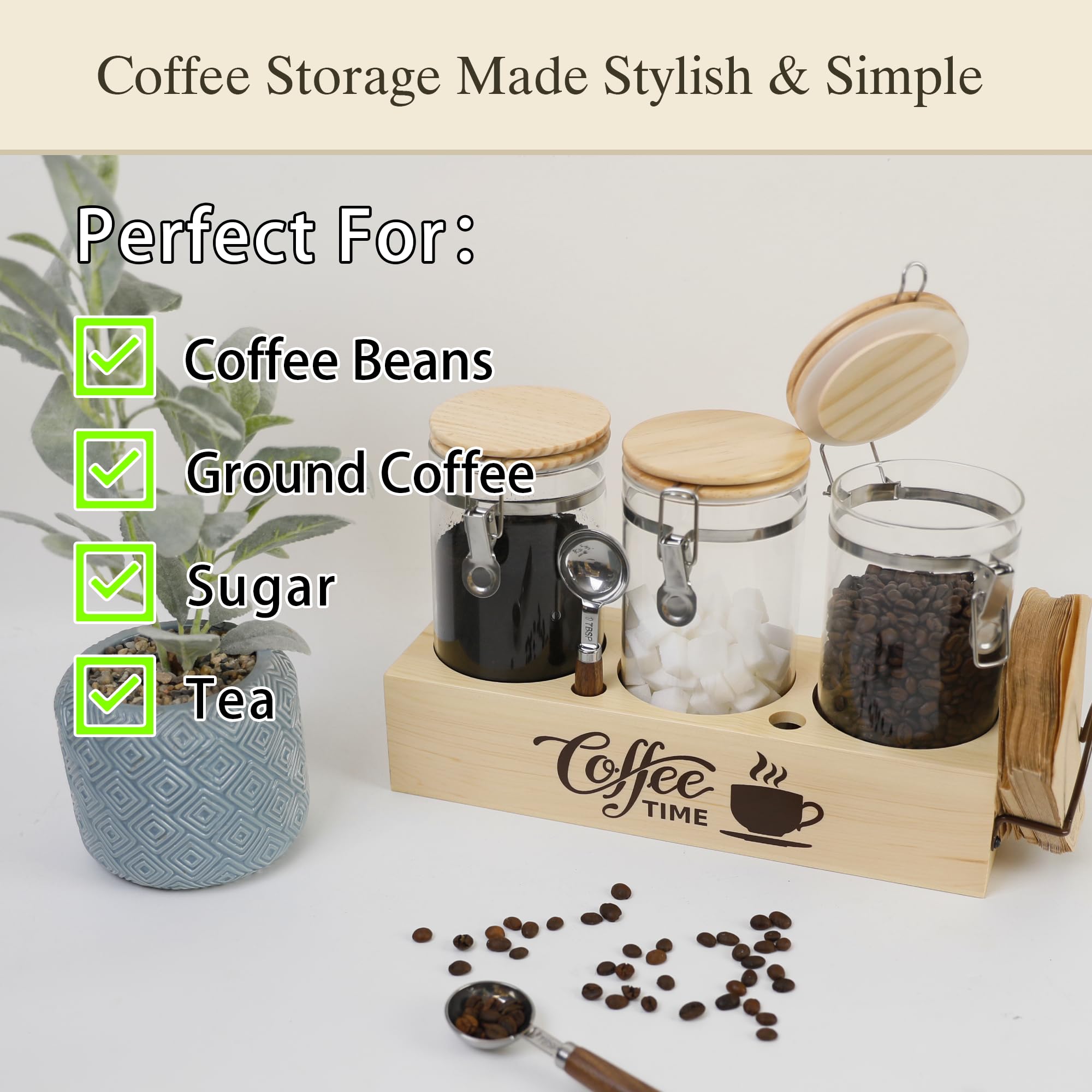 EQEY Glass Coffee Canister Set with Shelf & Spoons - 3 Piece Airtight Seal Coffee Bean Storage Containers & Filter Holder for Kitchen Organization