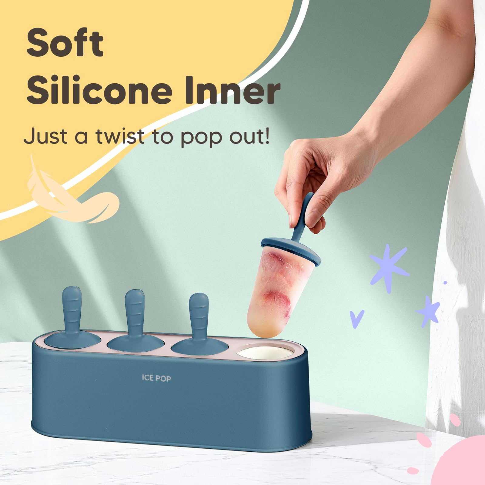 WYOK Popsicle Molds 4-Cavity Silicone Ice Pop Mold (Blue, IcyClassic Pops)
