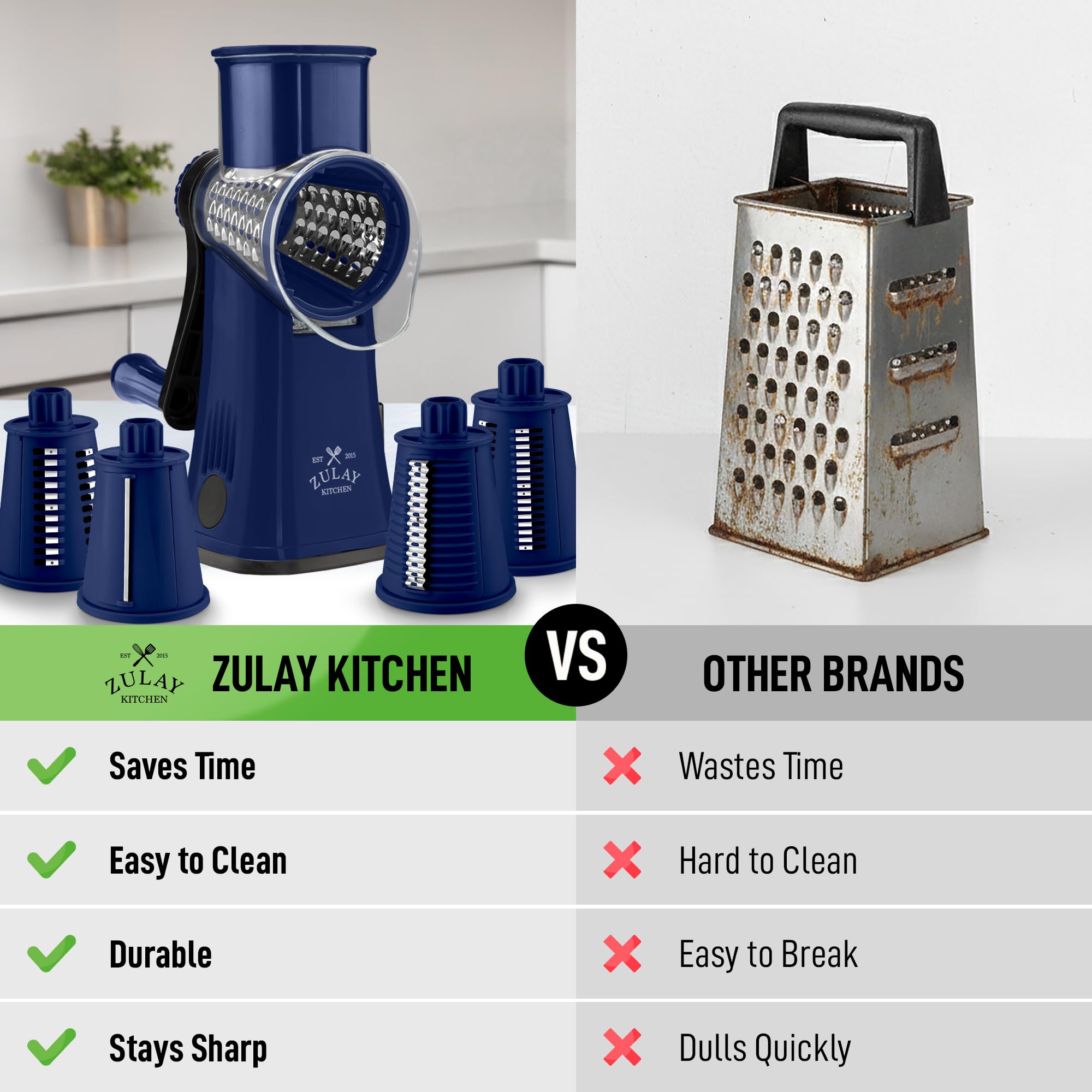 Zulay Kitchen Rotary Cheese Grater 5 Blade Cheese Shredder - Manual Hand Crank Cheese Grater With Reinforced Suction & 5 Interchangeable Drums - Easy to Use, Vegetable Chopper Round Mandoline Slicer