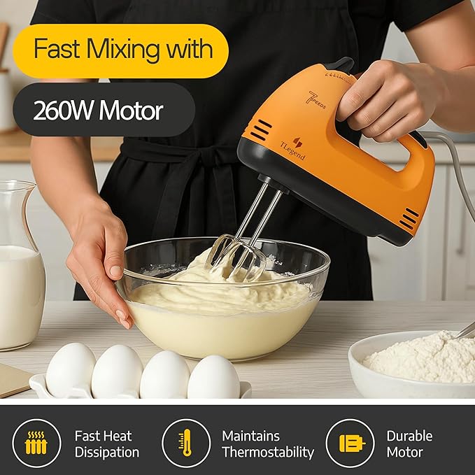TechnoLegend Hand Mixer Electric Handheld – 7 Speed Ultra Power Electric Mixer Handheld (Orange)